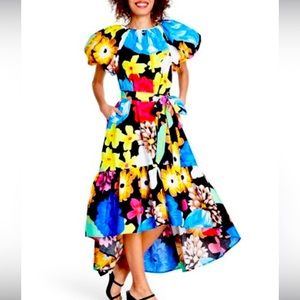 Christopher John Rogers floral high low dress with dramatic puffed sleeves